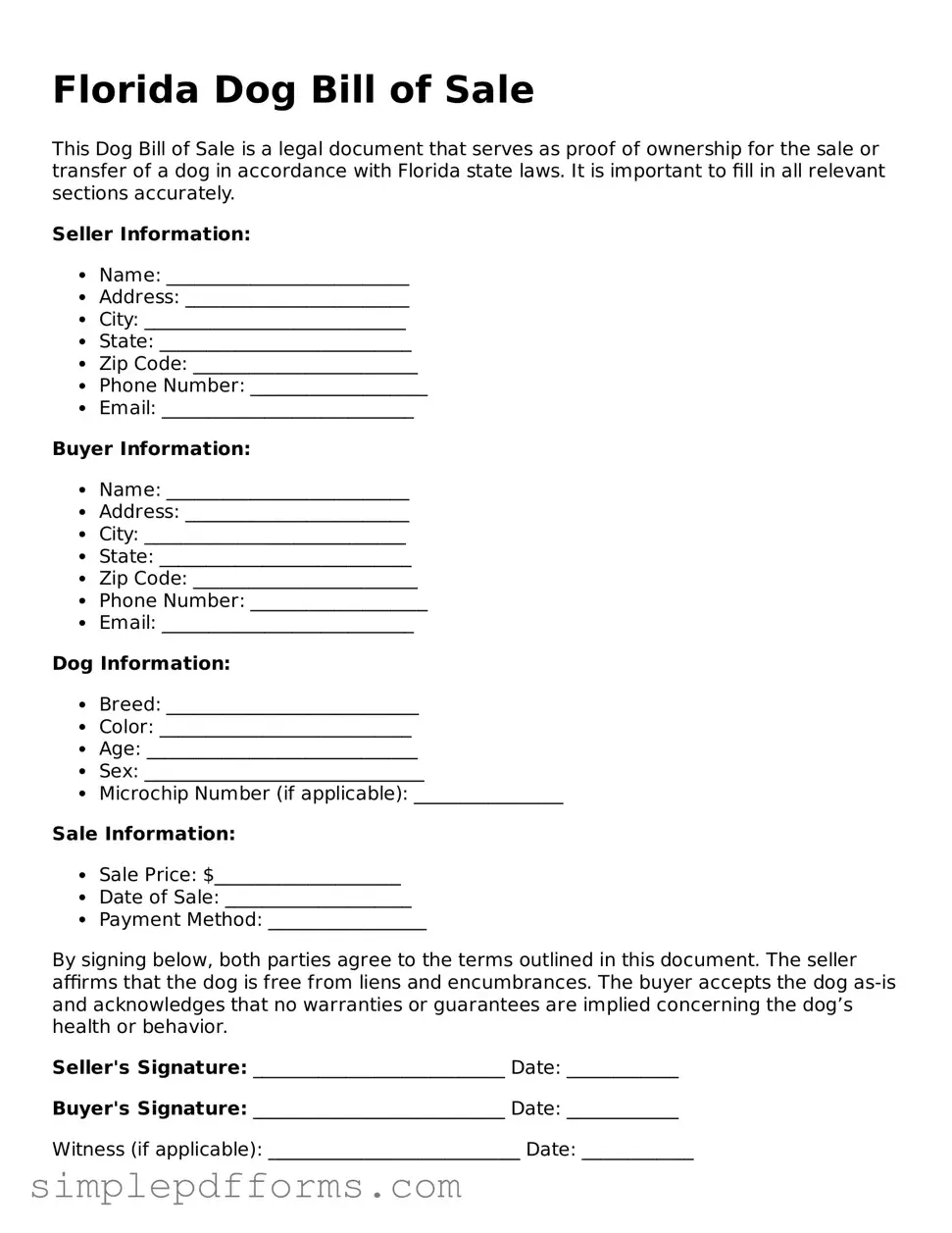 Attorney-Verified Dog Bill of Sale Document for Florida State