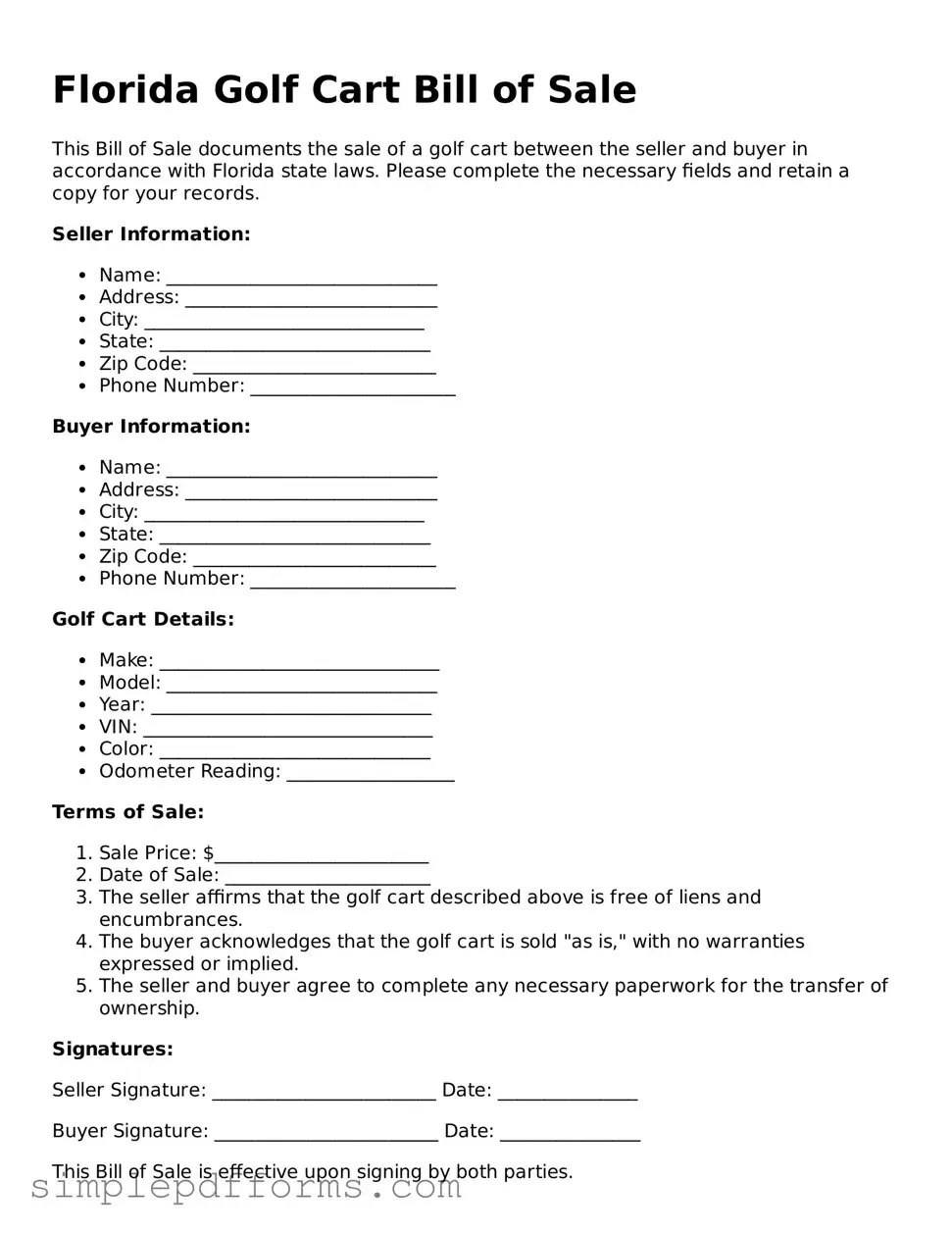 Attorney-Verified Golf Cart Bill of Sale Document for Florida State