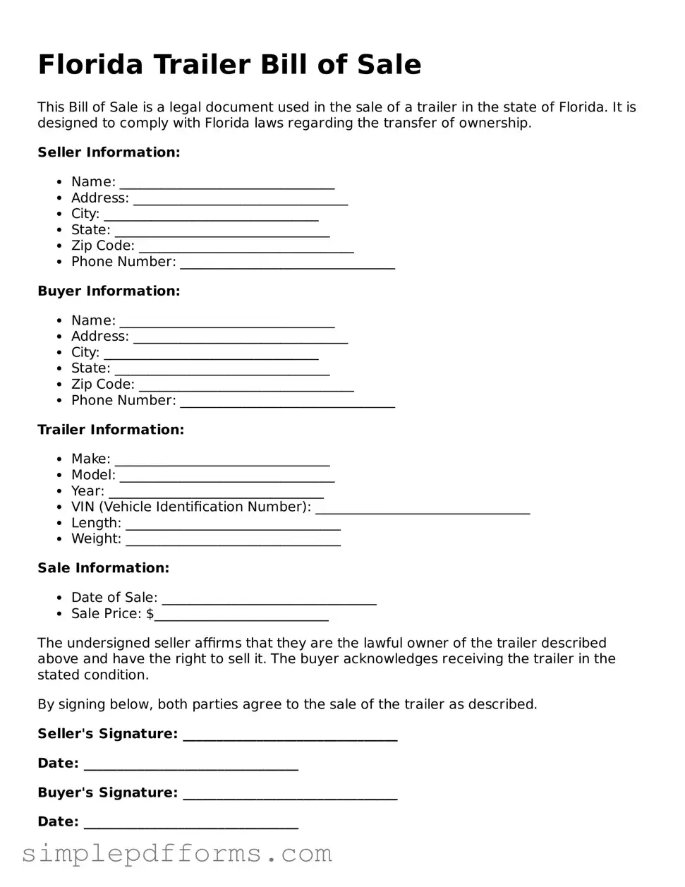 Attorney-Verified Trailer Bill of Sale Document for Florida State