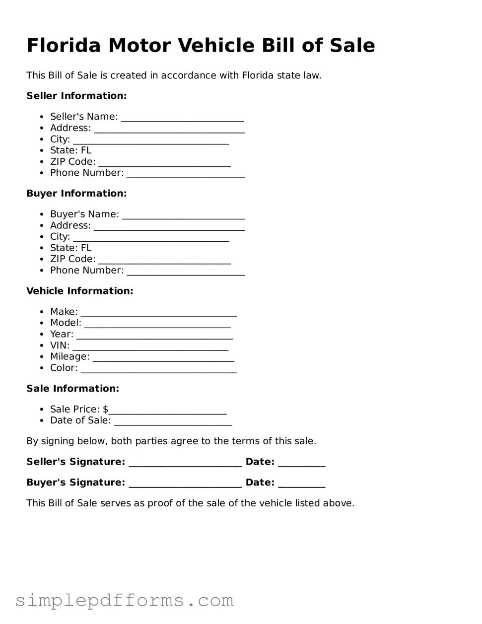 Attorney-Verified Motor Vehicle Bill of Sale Document for Florida State