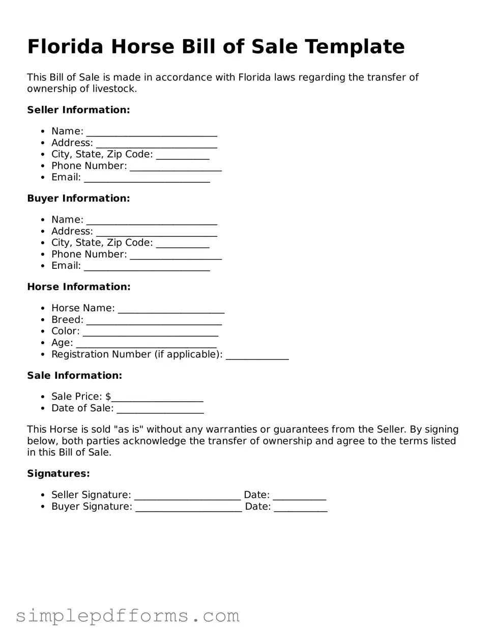 Attorney-Verified Horse Bill of Sale Document for Florida State