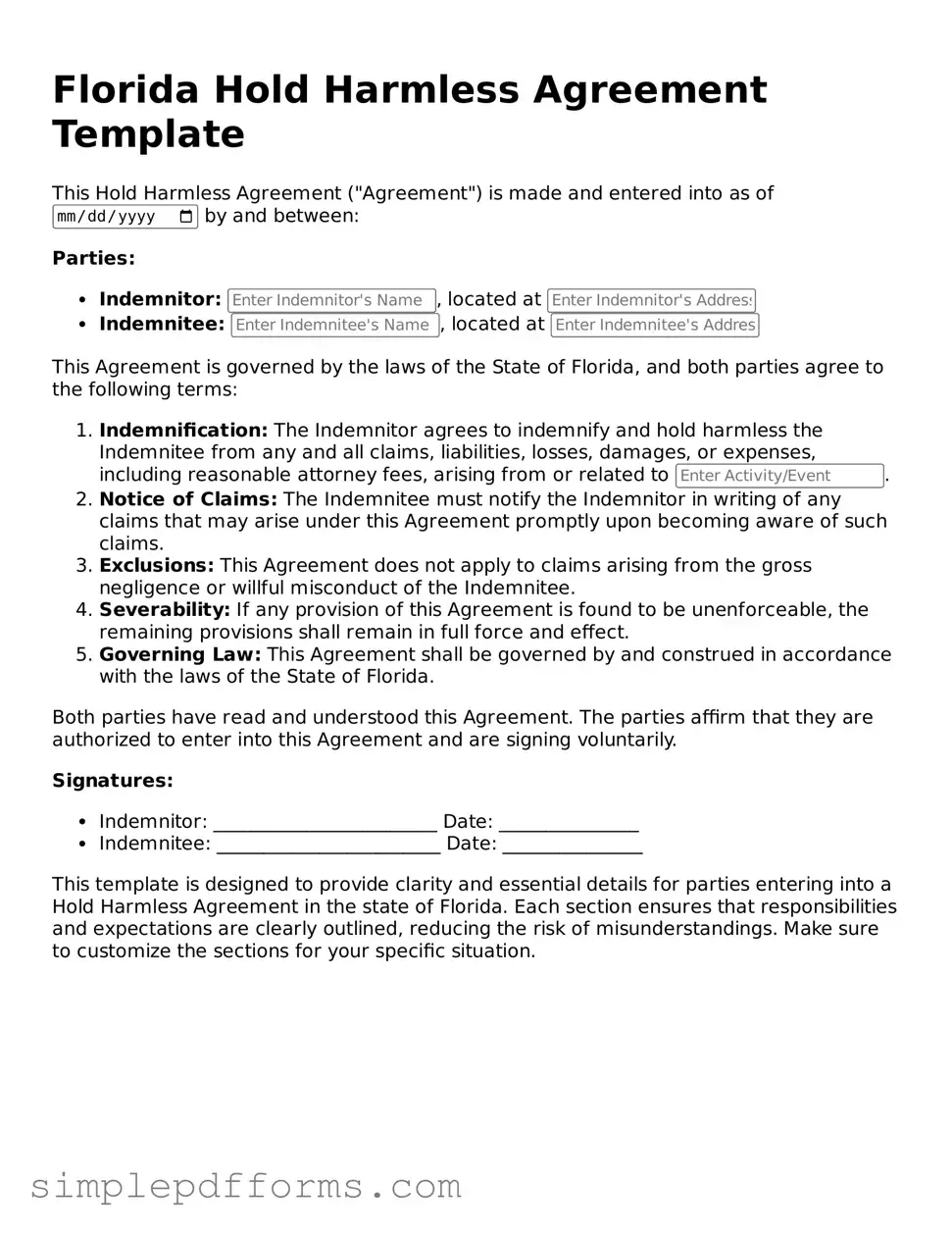 Attorney-Verified Hold Harmless Agreement Document for Florida State