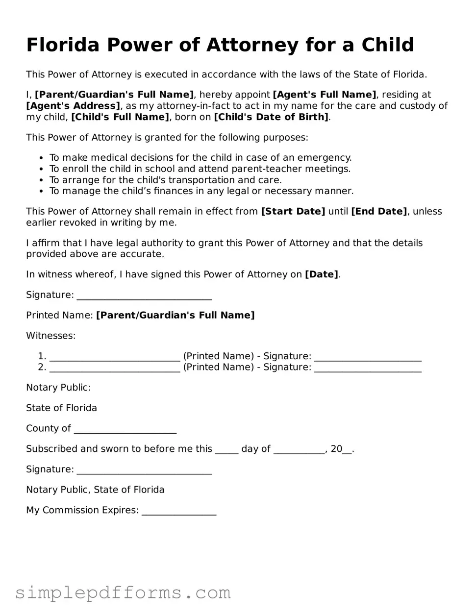 Attorney-Verified Power of Attorney for a Child Document for Florida State