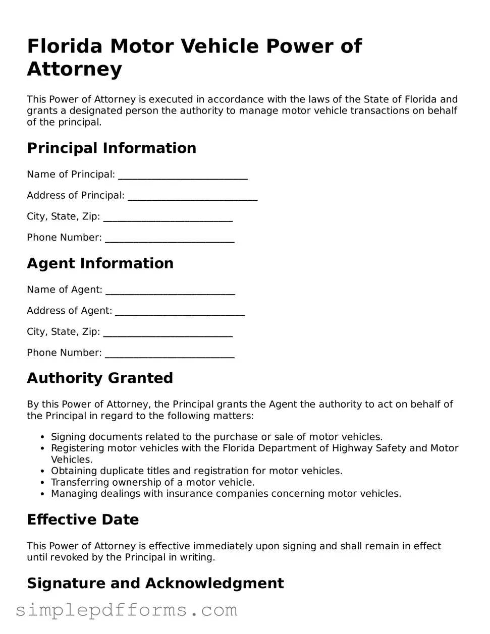 Attorney-Verified Motor Vehicle Power of Attorney Document for Florida State