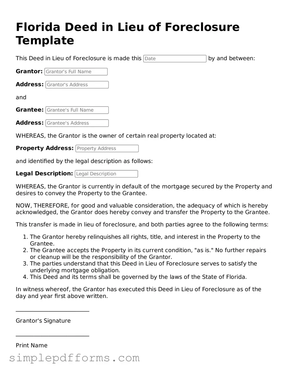 Attorney-Verified Deed in Lieu of Foreclosure Document for Florida State