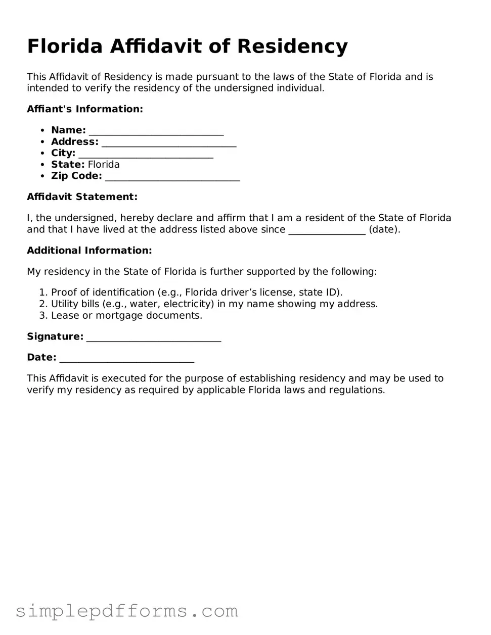 Attorney-Verified Affidavit of Residency Document for Florida State