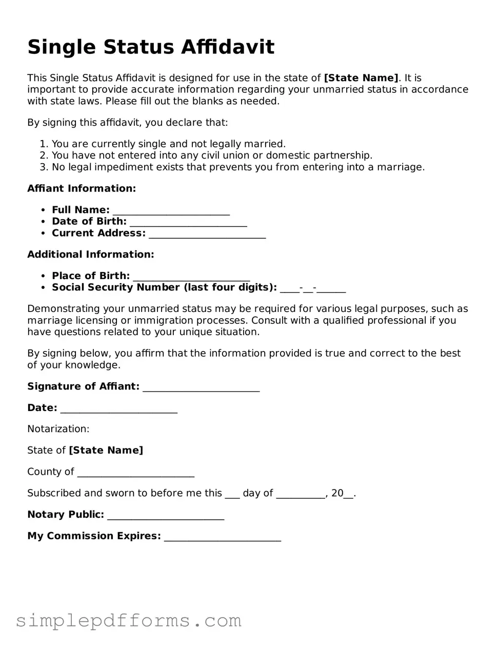 Free Single Status Affidavit Form