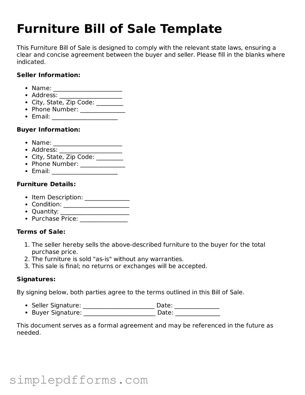 Free Furniture Bill of Sale Form