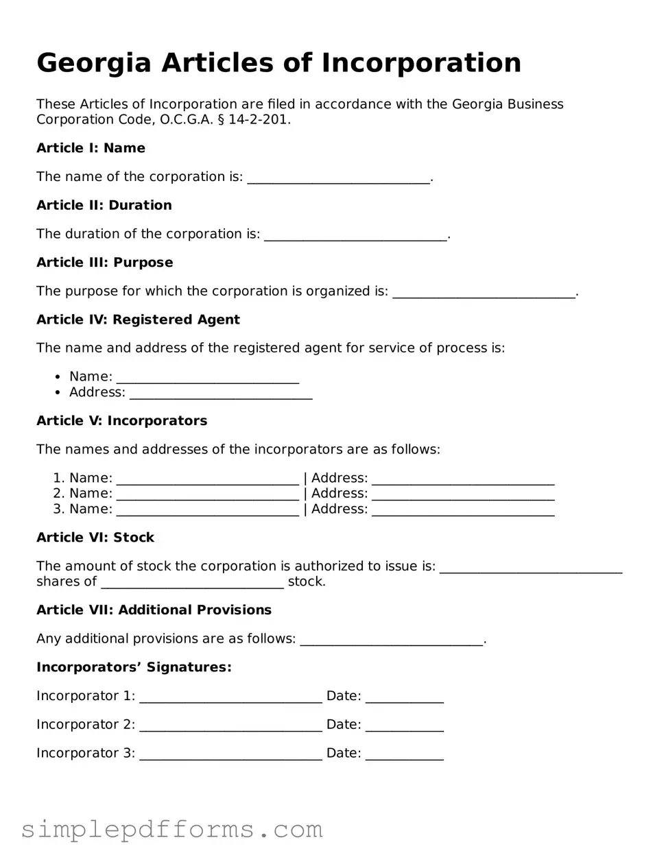 Attorney-Verified Articles of Incorporation Document for Georgia State