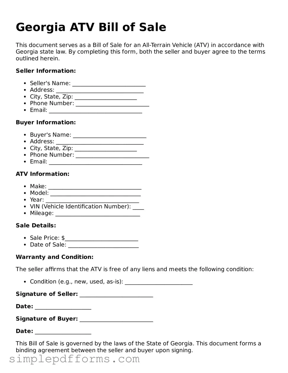 Attorney-Verified ATV Bill of Sale Document for Georgia State