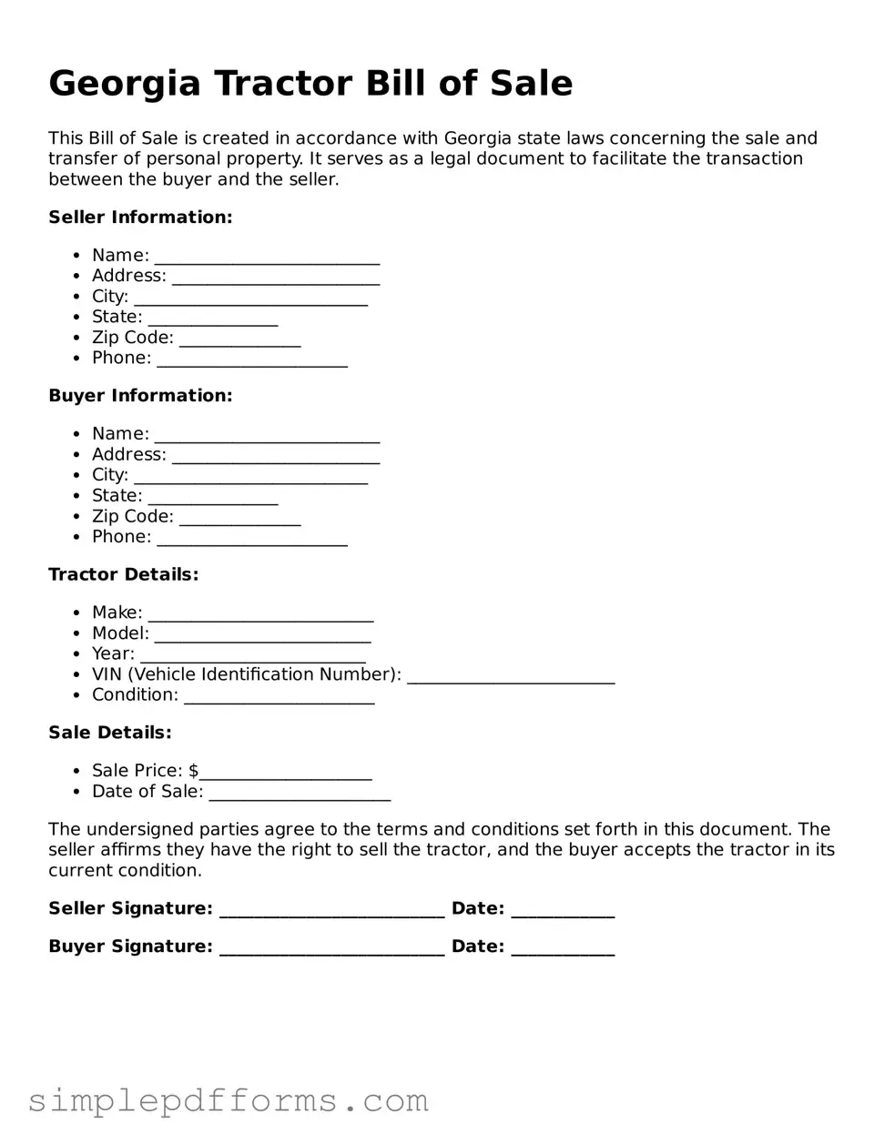 Attorney-Verified Tractor Bill of Sale Document for Georgia State