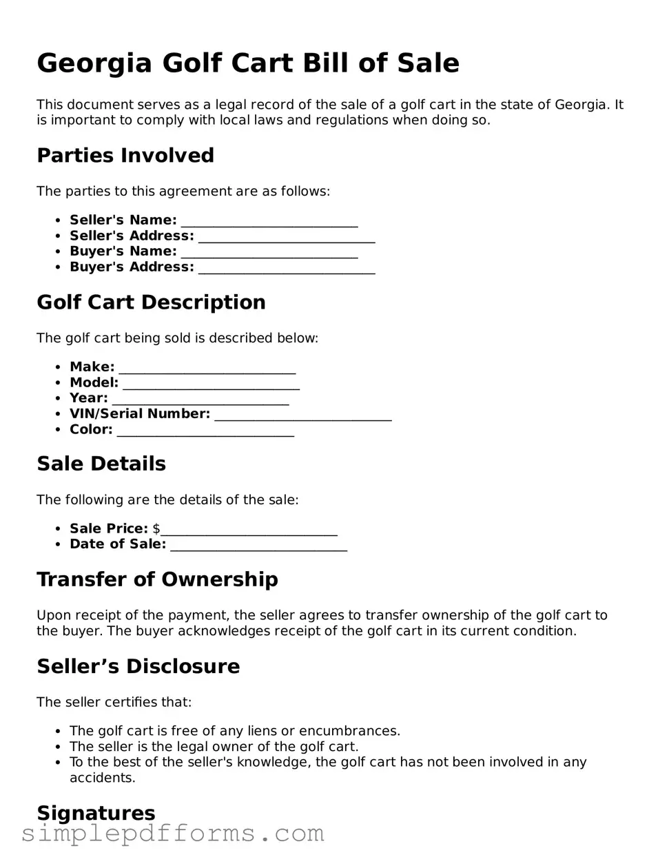 Attorney-Verified Golf Cart Bill of Sale Document for Georgia State