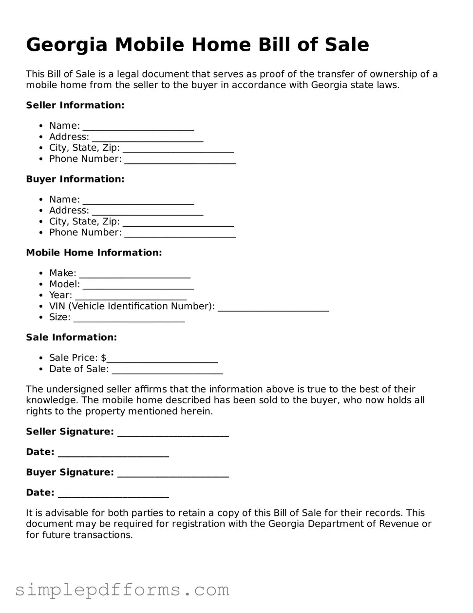 Attorney-Verified Mobile Home Bill of Sale Document for Georgia State