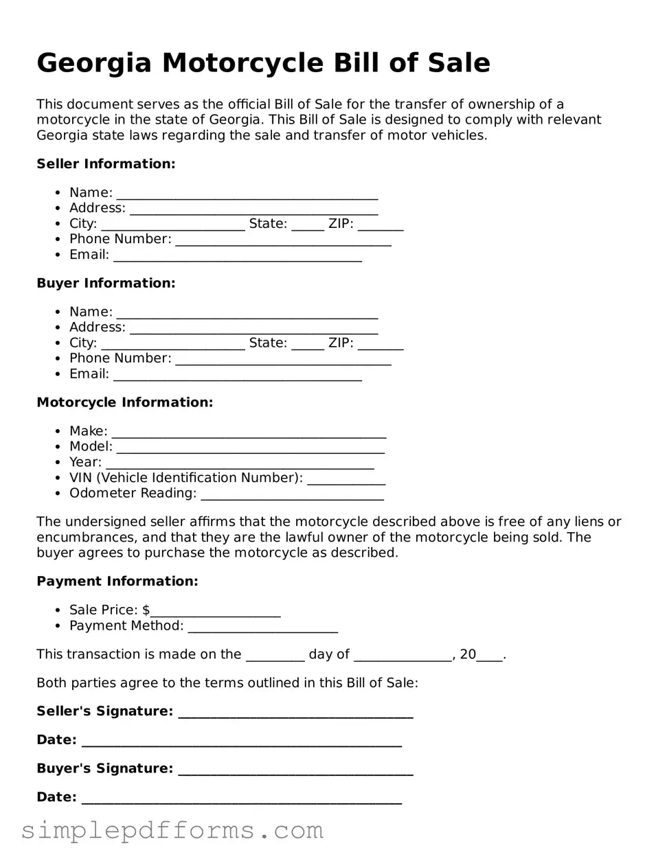 Attorney-Verified Motorcycle Bill of Sale Document for Georgia State