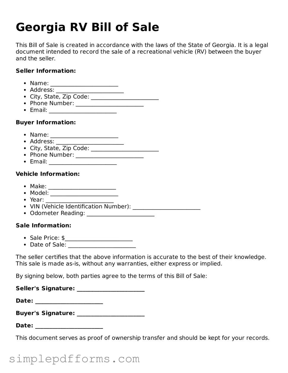 Attorney-Verified RV Bill of Sale Document for Georgia State