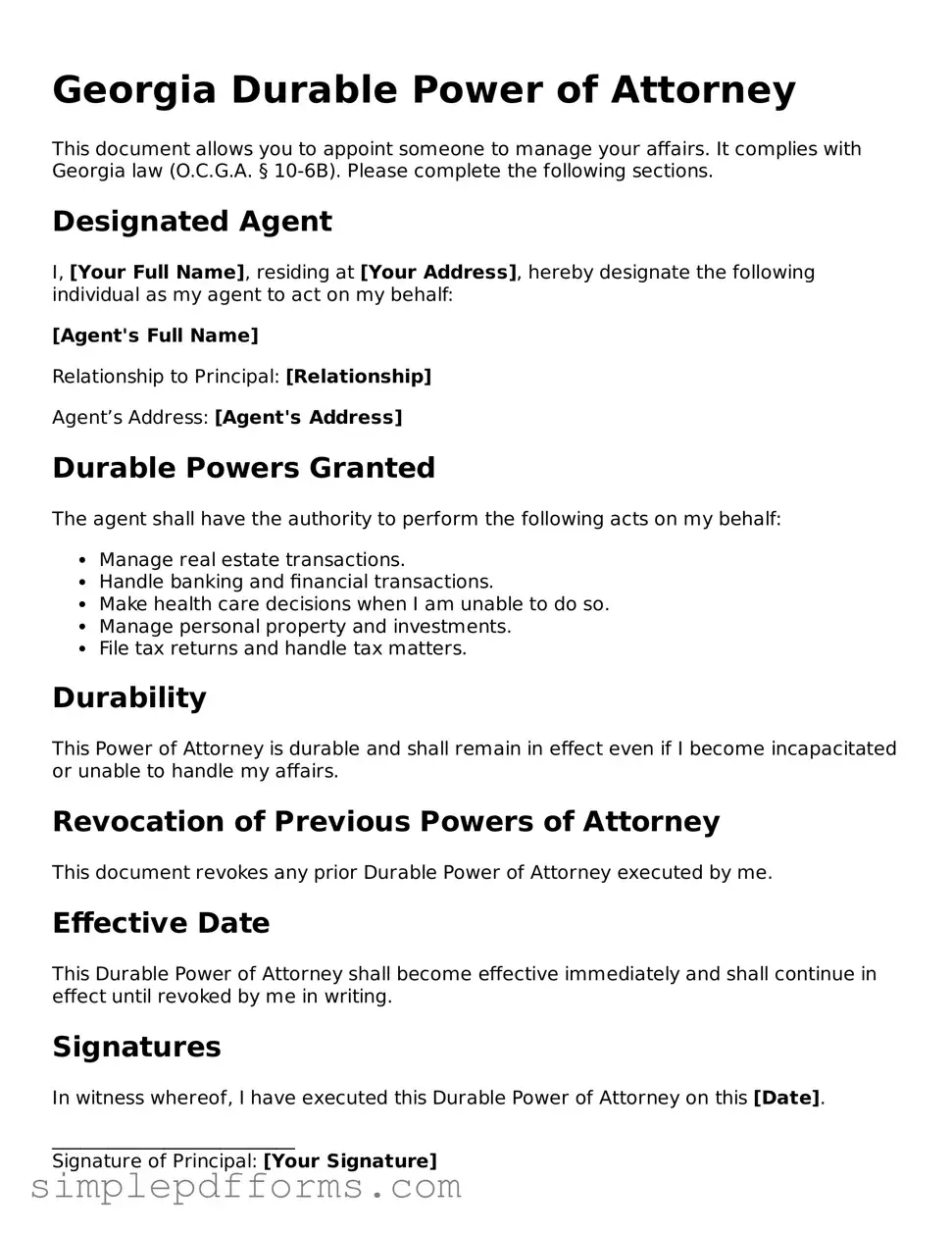 Attorney-Verified Durable Power of Attorney Document for Georgia State