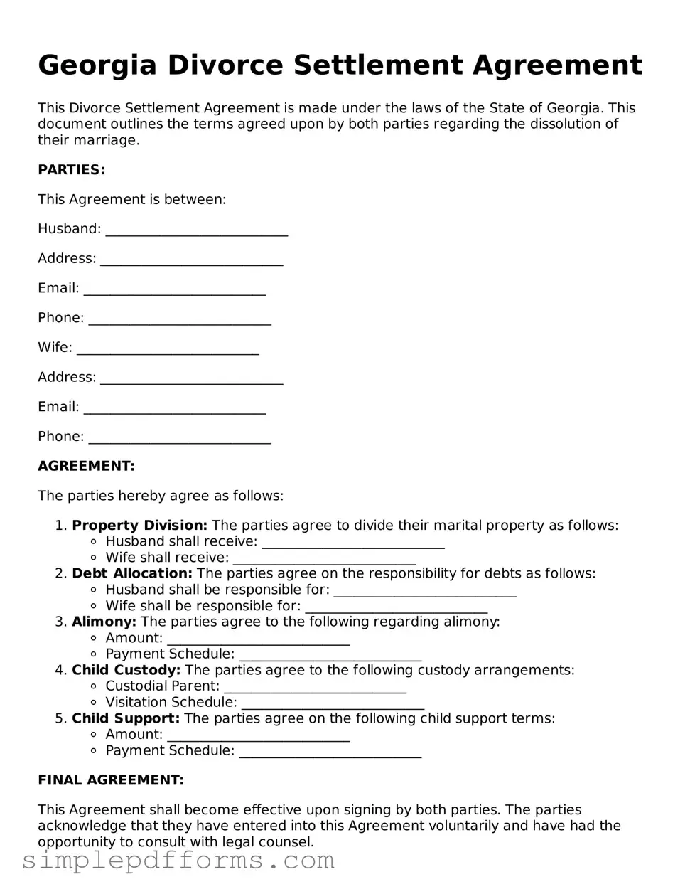 Attorney-Verified Divorce Settlement Agreement Document for Georgia State