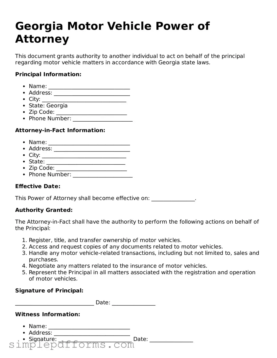 Attorney-Verified Motor Vehicle Power of Attorney Document for Georgia State
