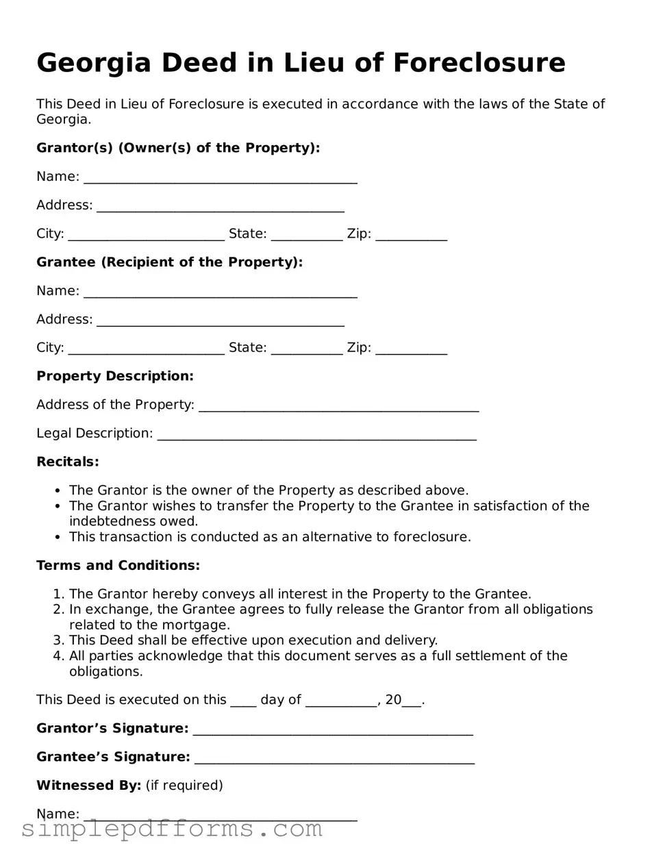 Attorney-Verified Deed in Lieu of Foreclosure Document for Georgia State