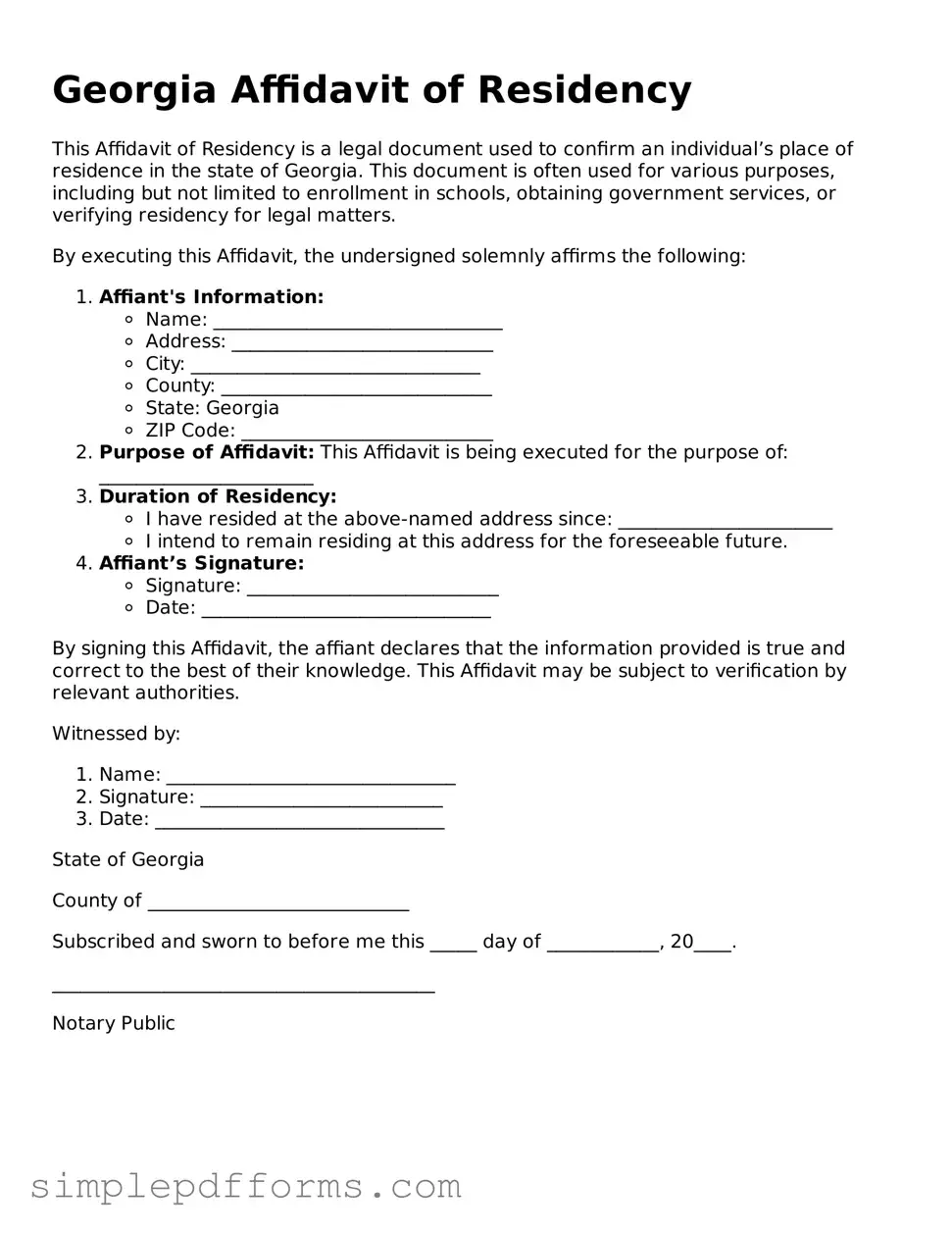 Attorney-Verified Affidavit of Residency Document for Georgia State