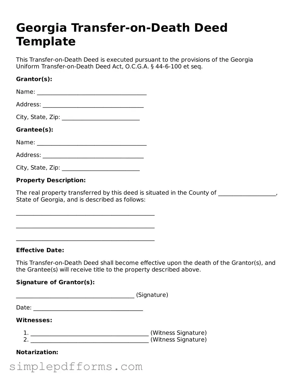 Attorney-Verified Transfer-on-Death Deed Document for Georgia State