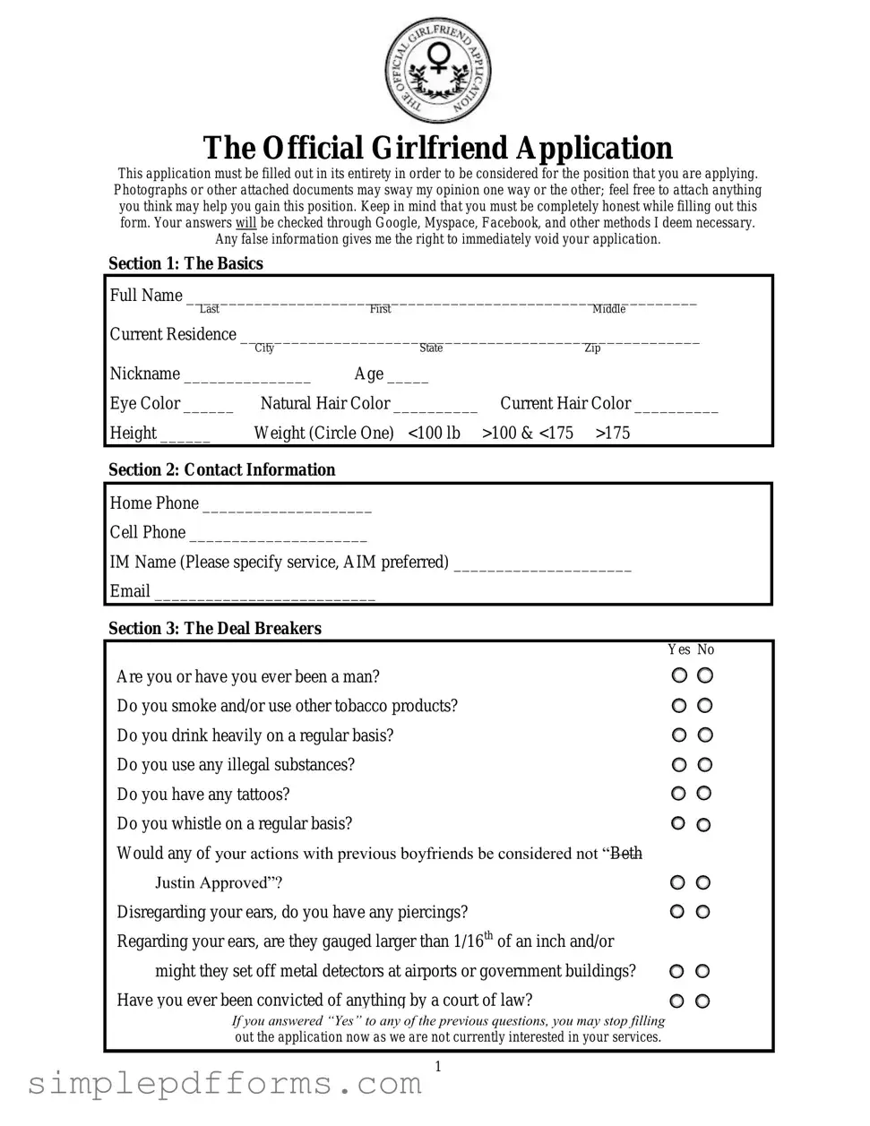 Fill a Valid Girlfriend Application Form