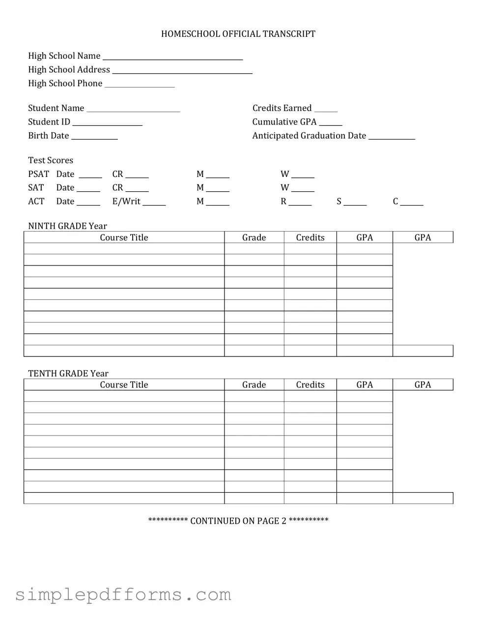 Fill a Valid High School Transcript Form