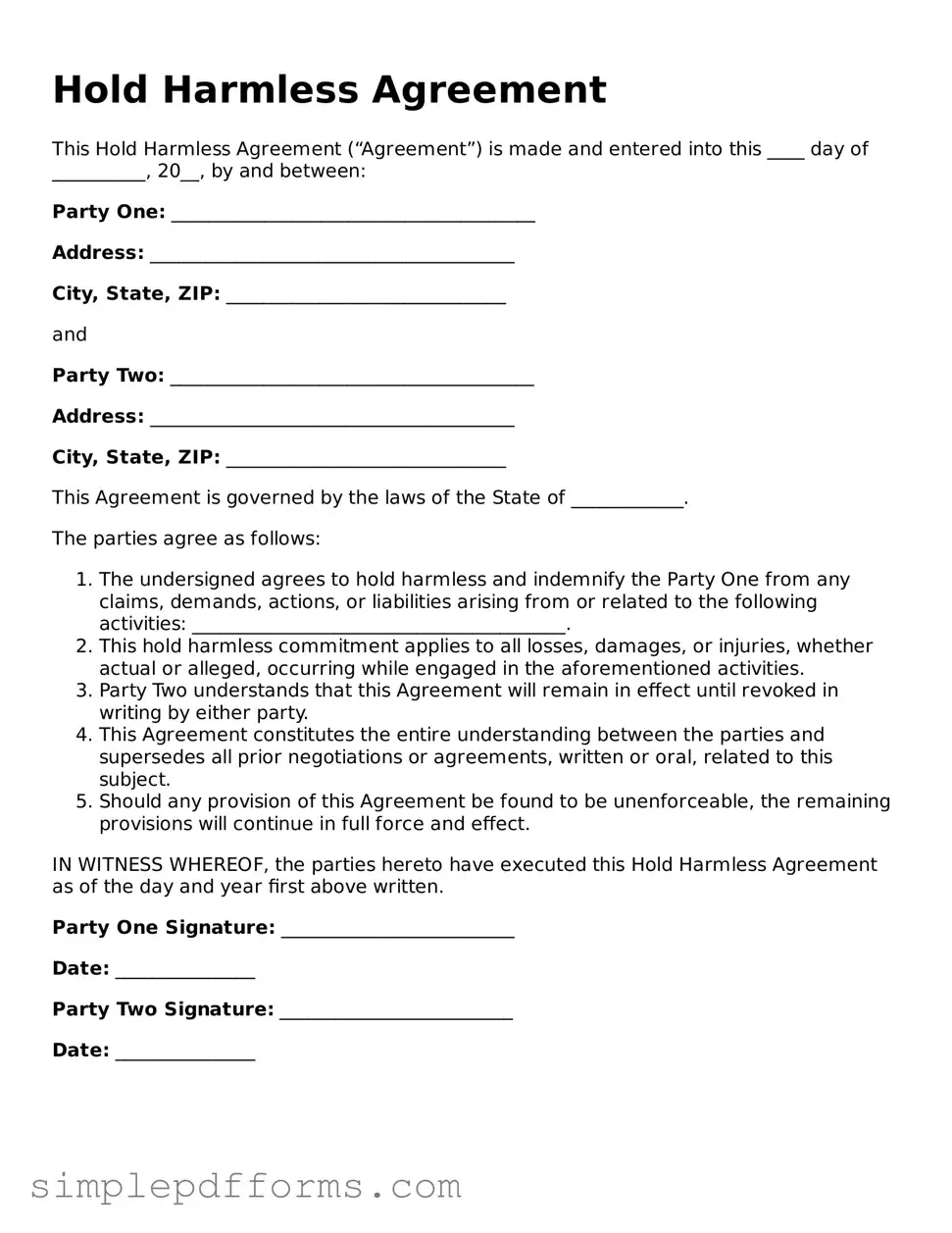 Free Hold Harmless Agreement Form