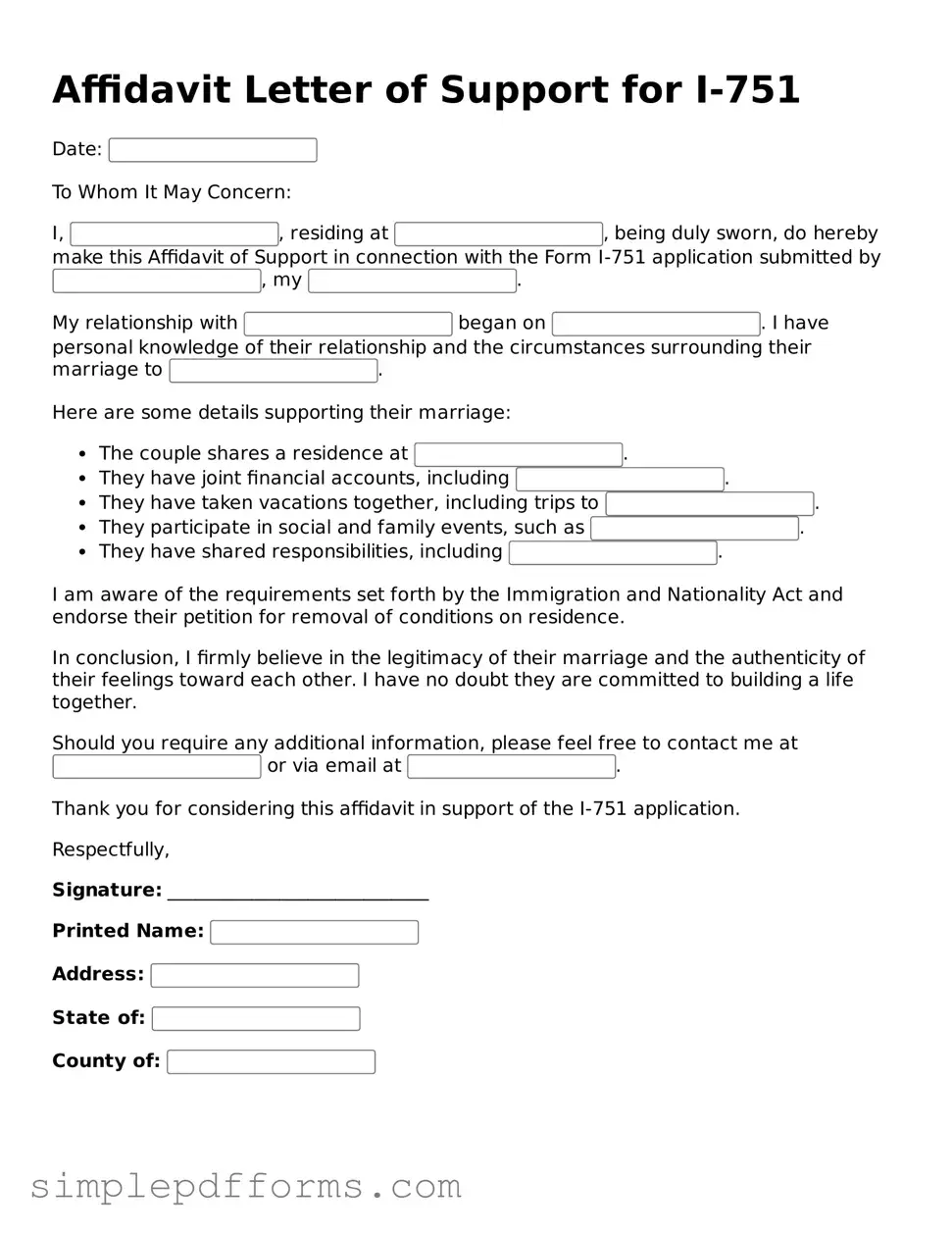Free Affidavit Letter of Support for I-751 Form