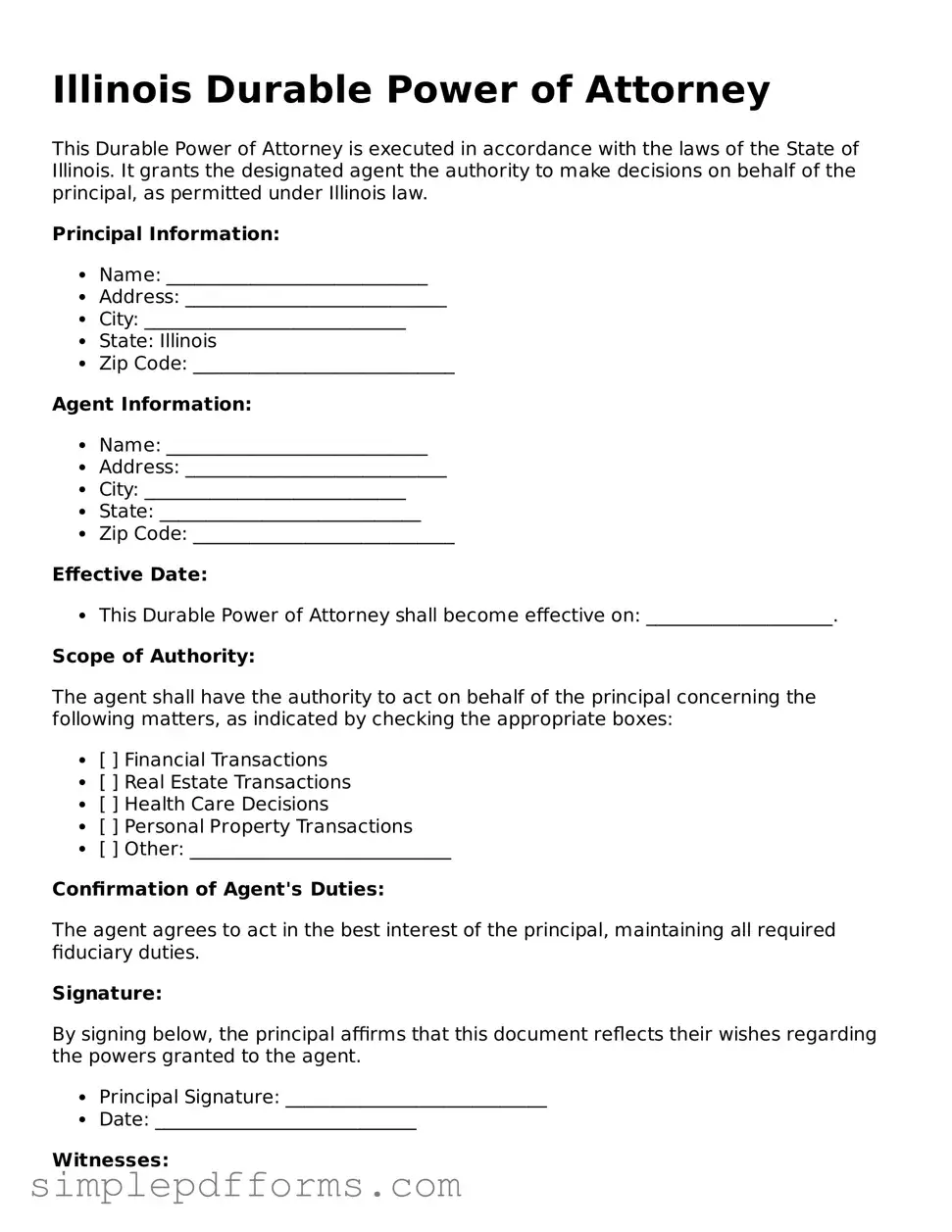 Attorney-Verified Durable Power of Attorney Document for Illinois State
