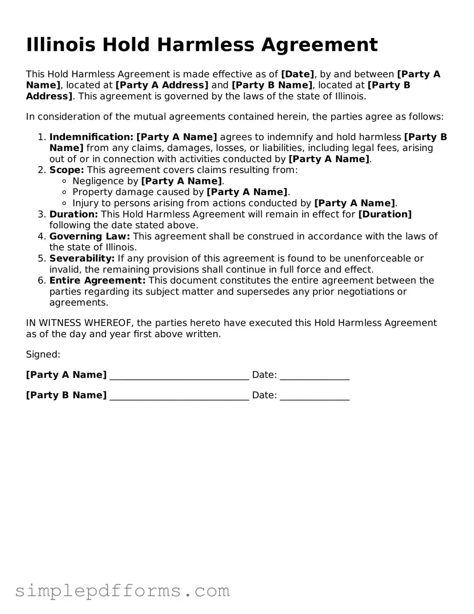 Attorney-Verified Hold Harmless Agreement Document for Illinois State