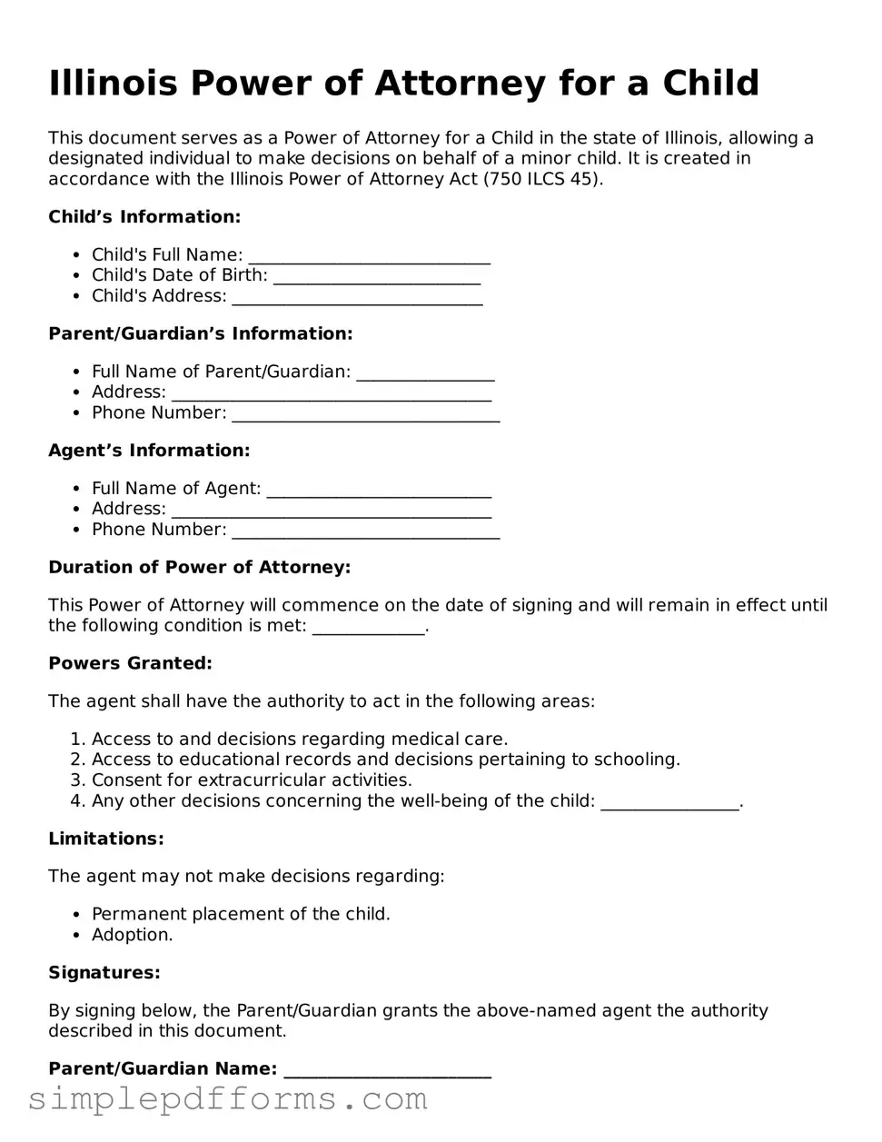 Attorney-Verified Power of Attorney for a Child Document for Illinois State
