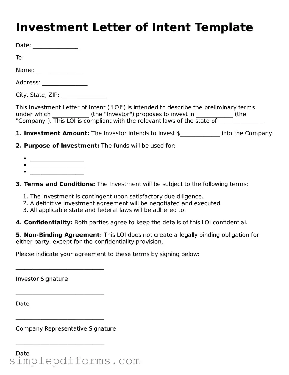 Free Investment Letter of Intent Form