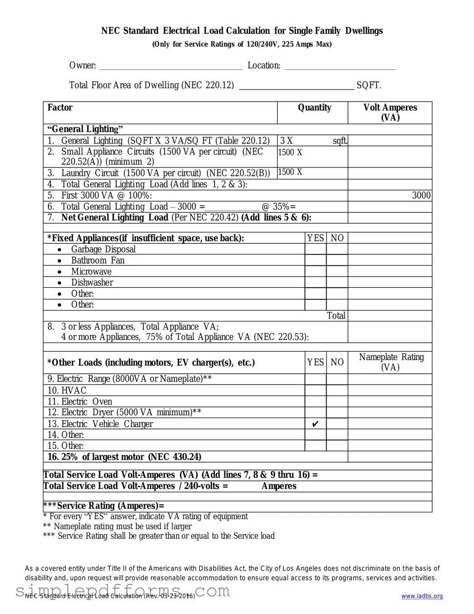 Fill a Valid LADBS NEC Standard Electrical Load Calculation Form