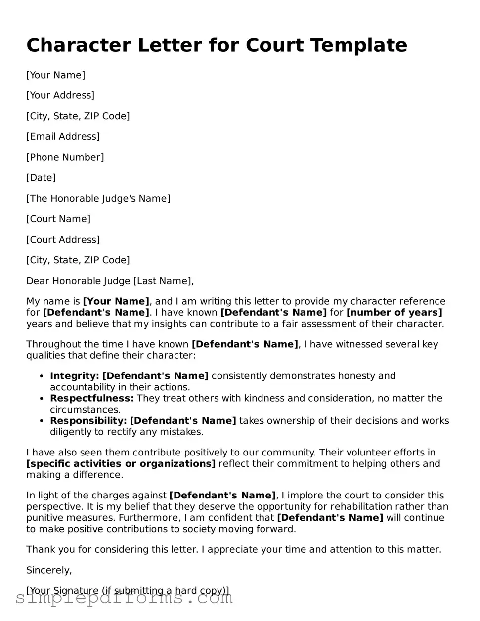 Free Character Letter for Court Form