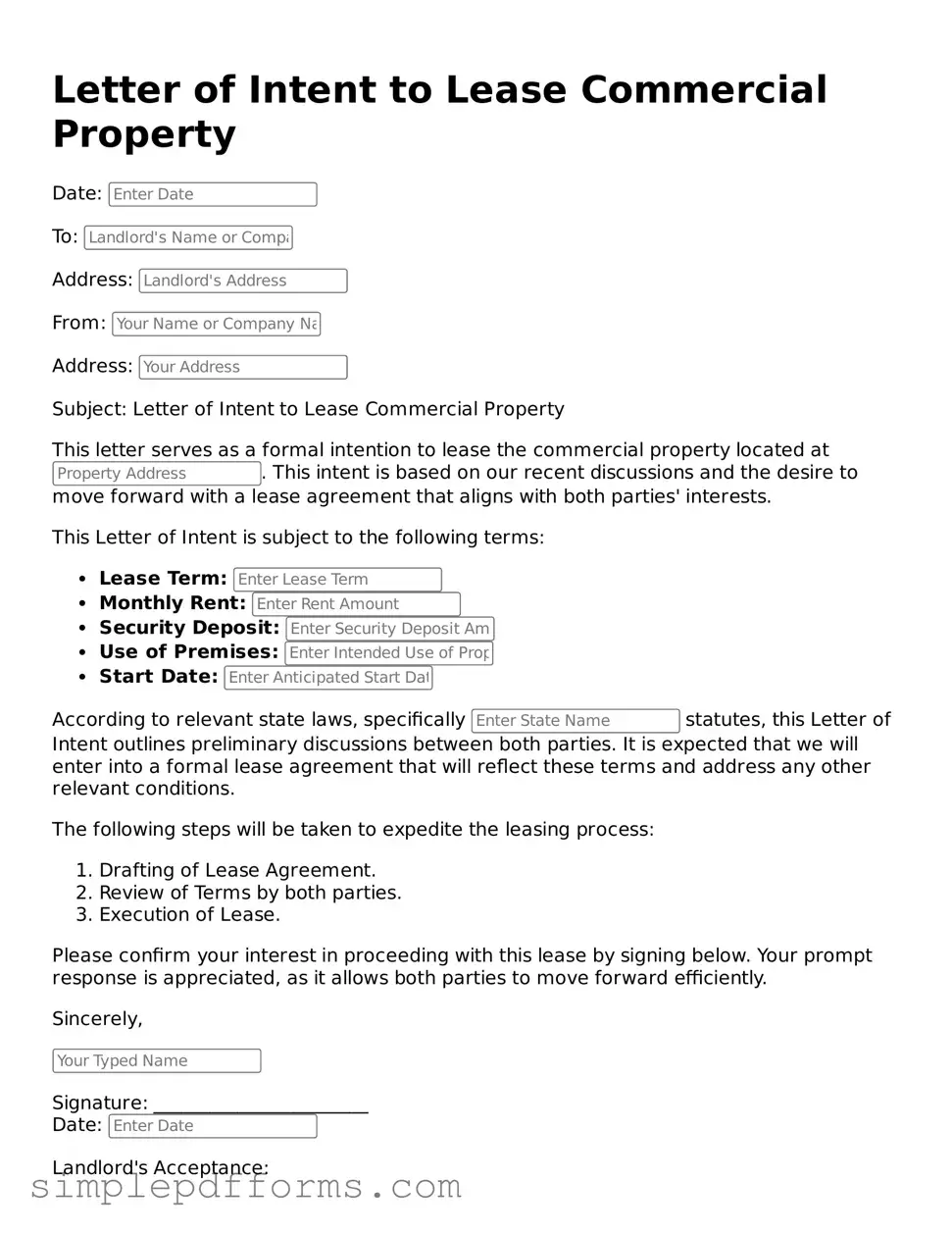 Free Letter of Intent to Lease Commercial Property Form