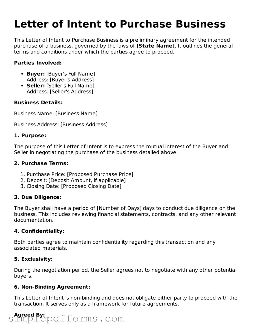Free Letter of Intent to Purchase Business Form