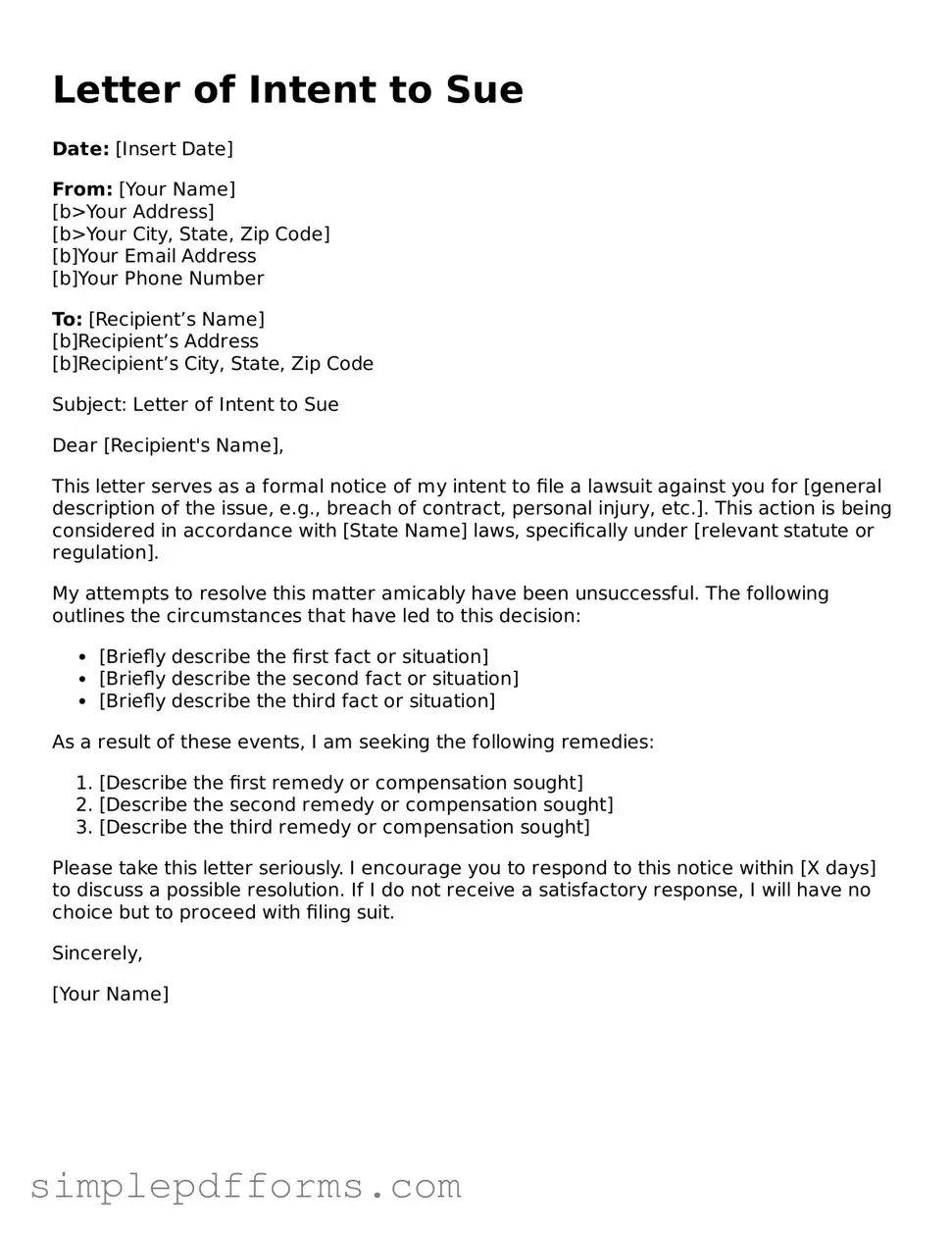 Free Letter of Intent to Sue Form