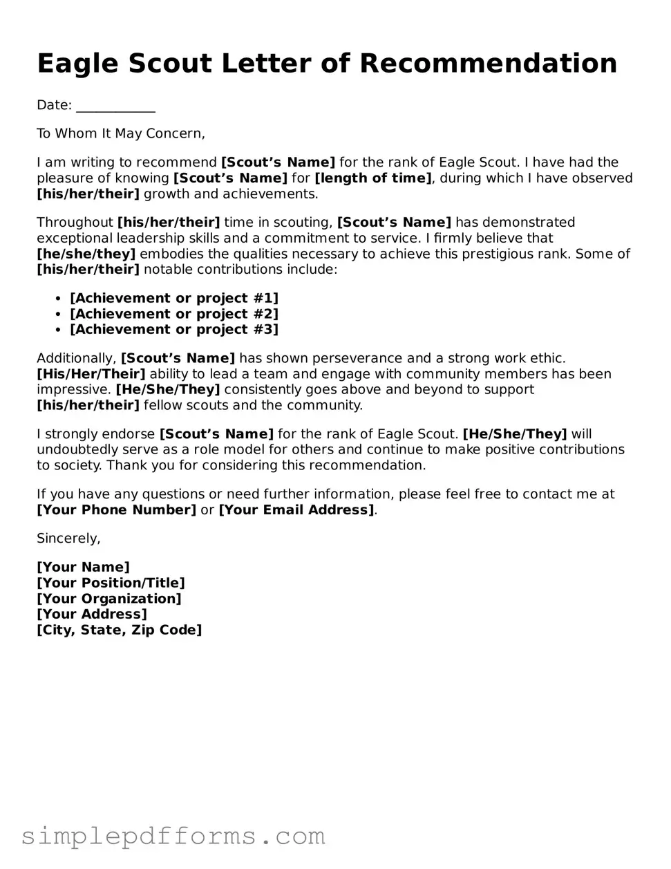 Free Eagle Scout Letter of Recommendation Form