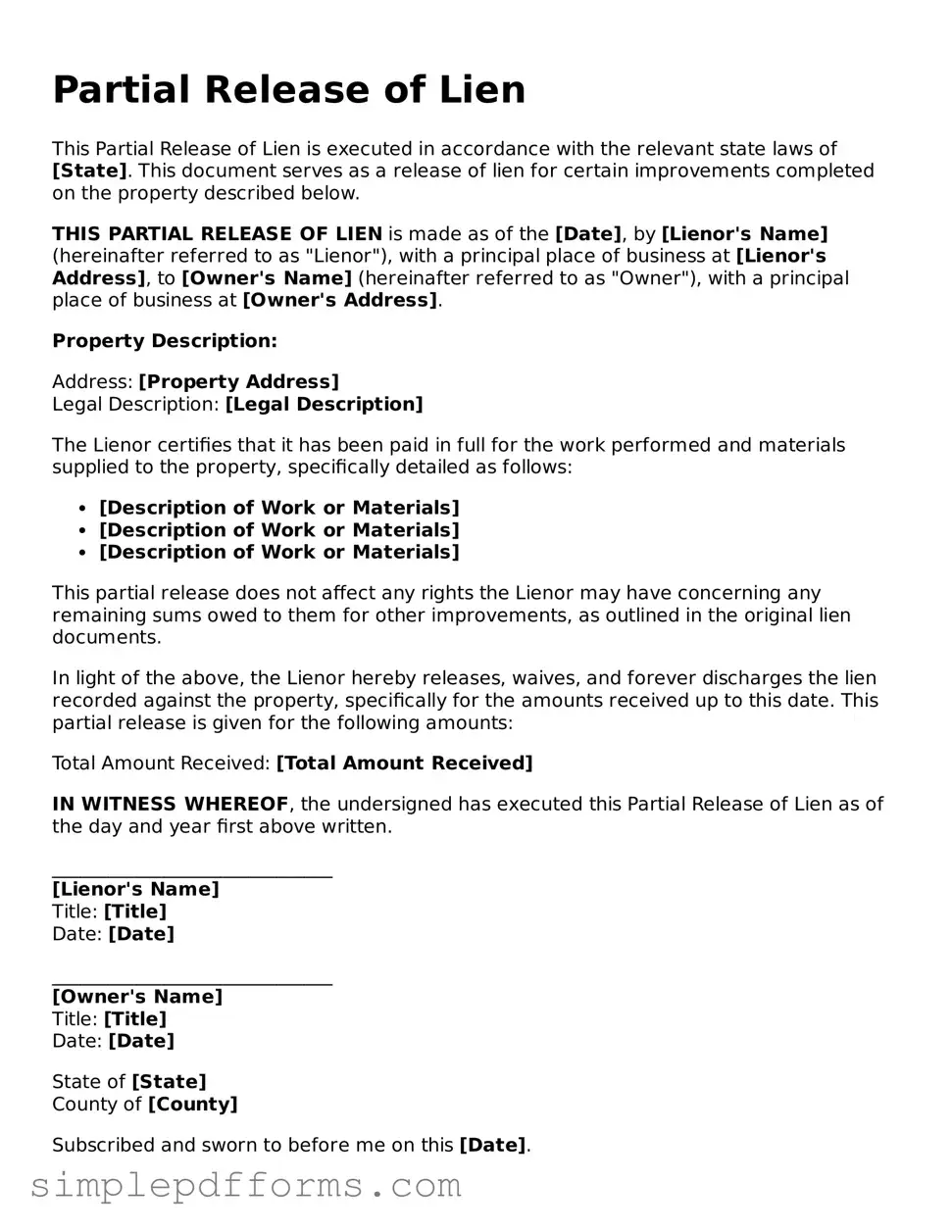 Free Partial Release of Lien Form