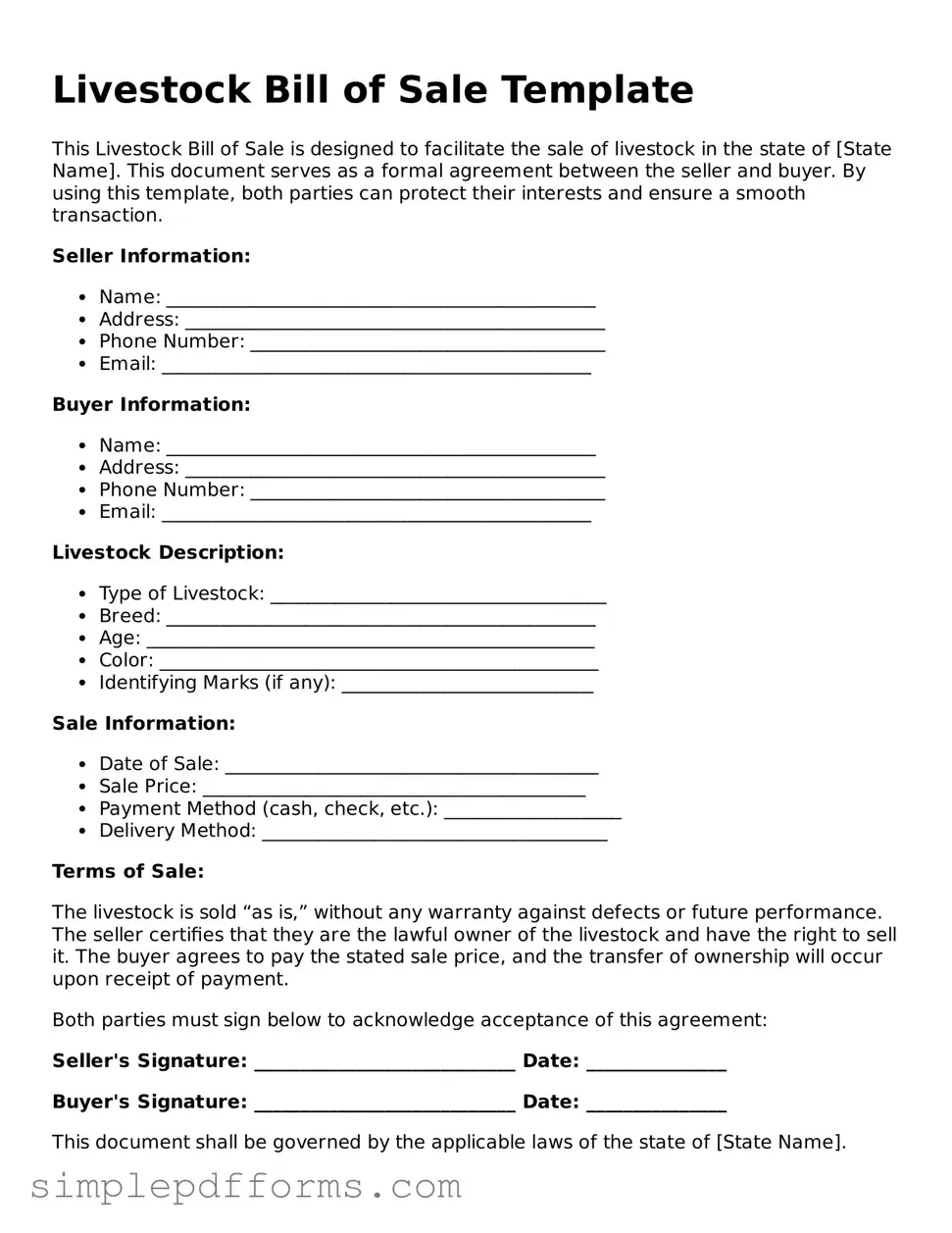 Free Livestock Bill of Sale Form
