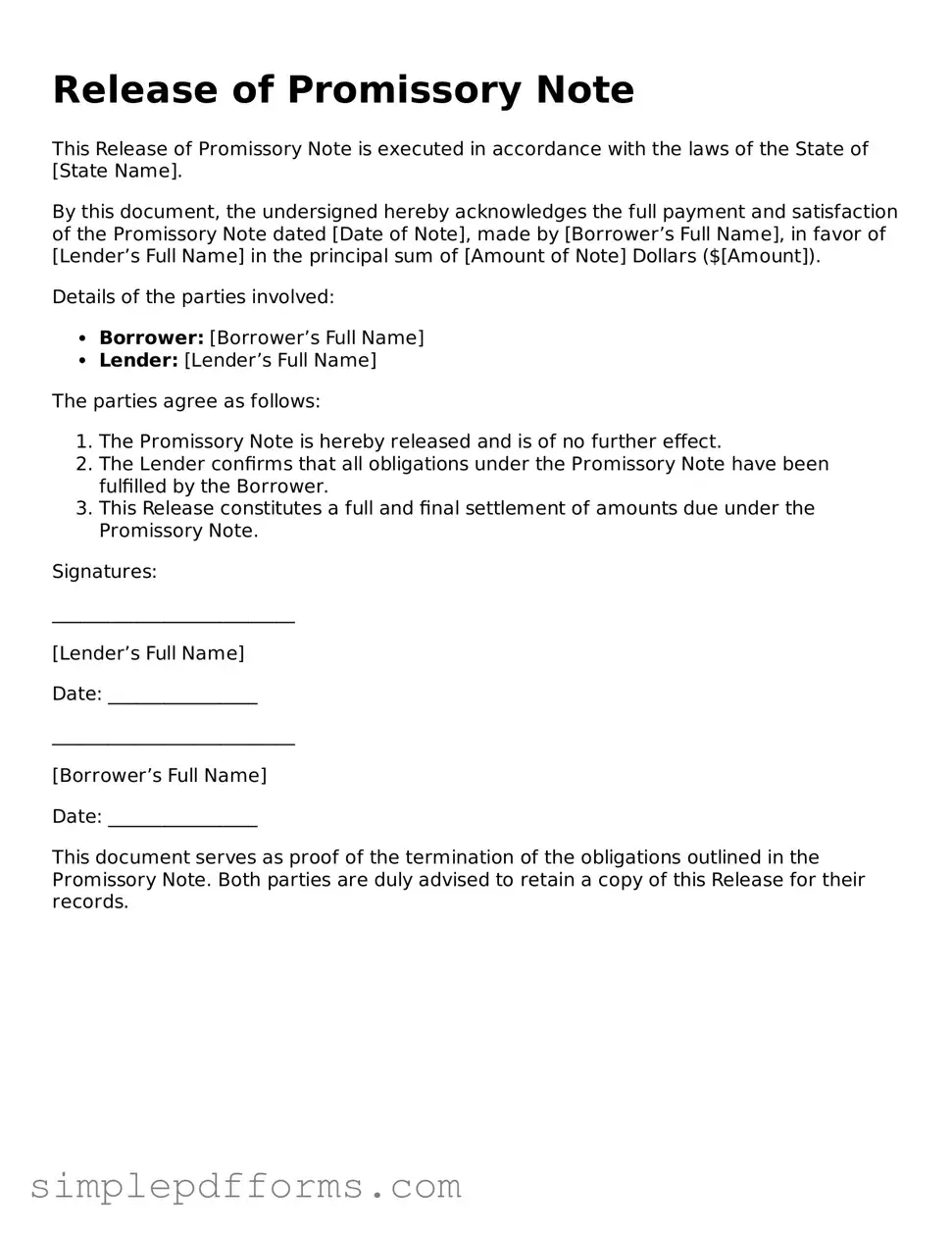 Free Release of Promissory Note Form