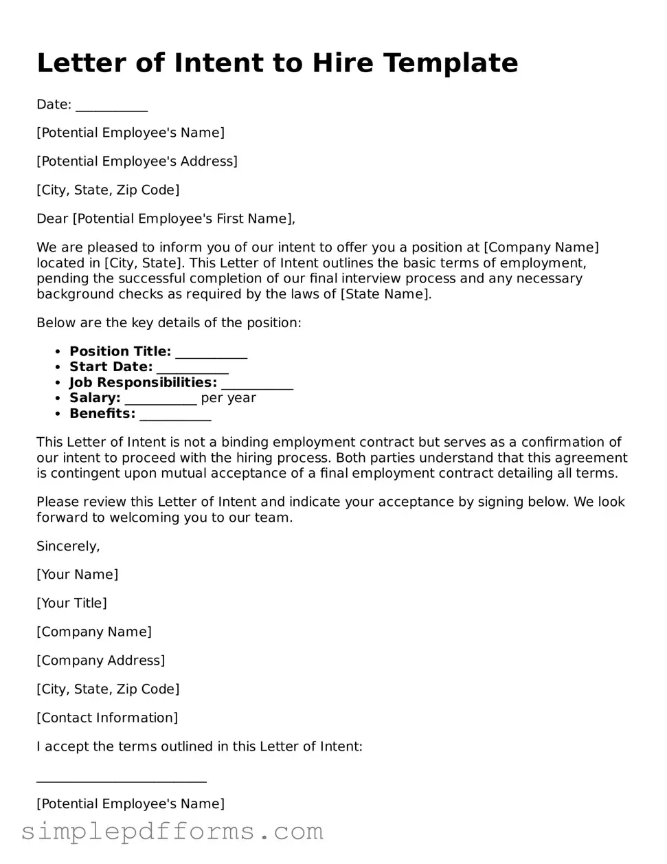 Free Letter of Intent to Hire Form