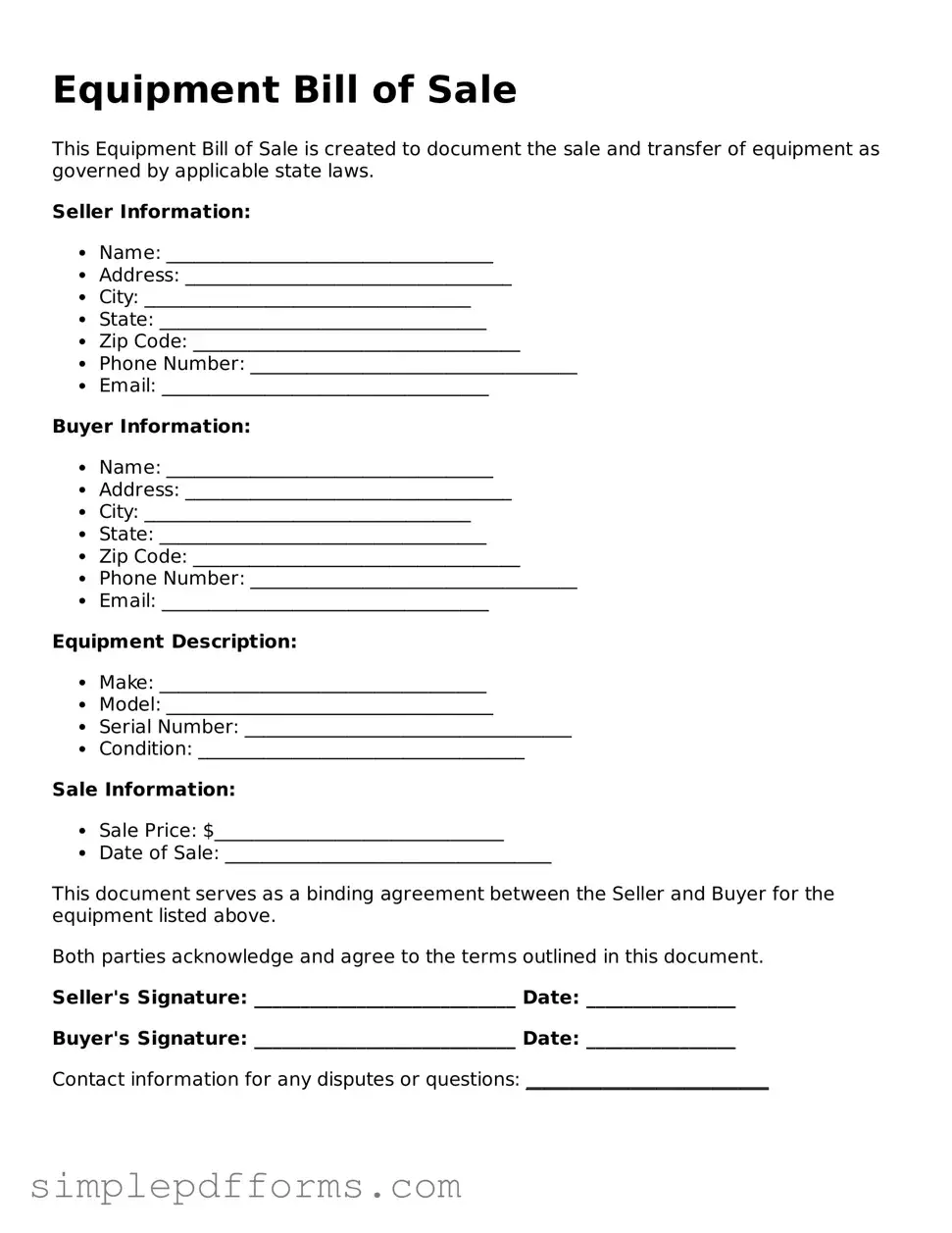 Free Equipment Bill of Sale Form