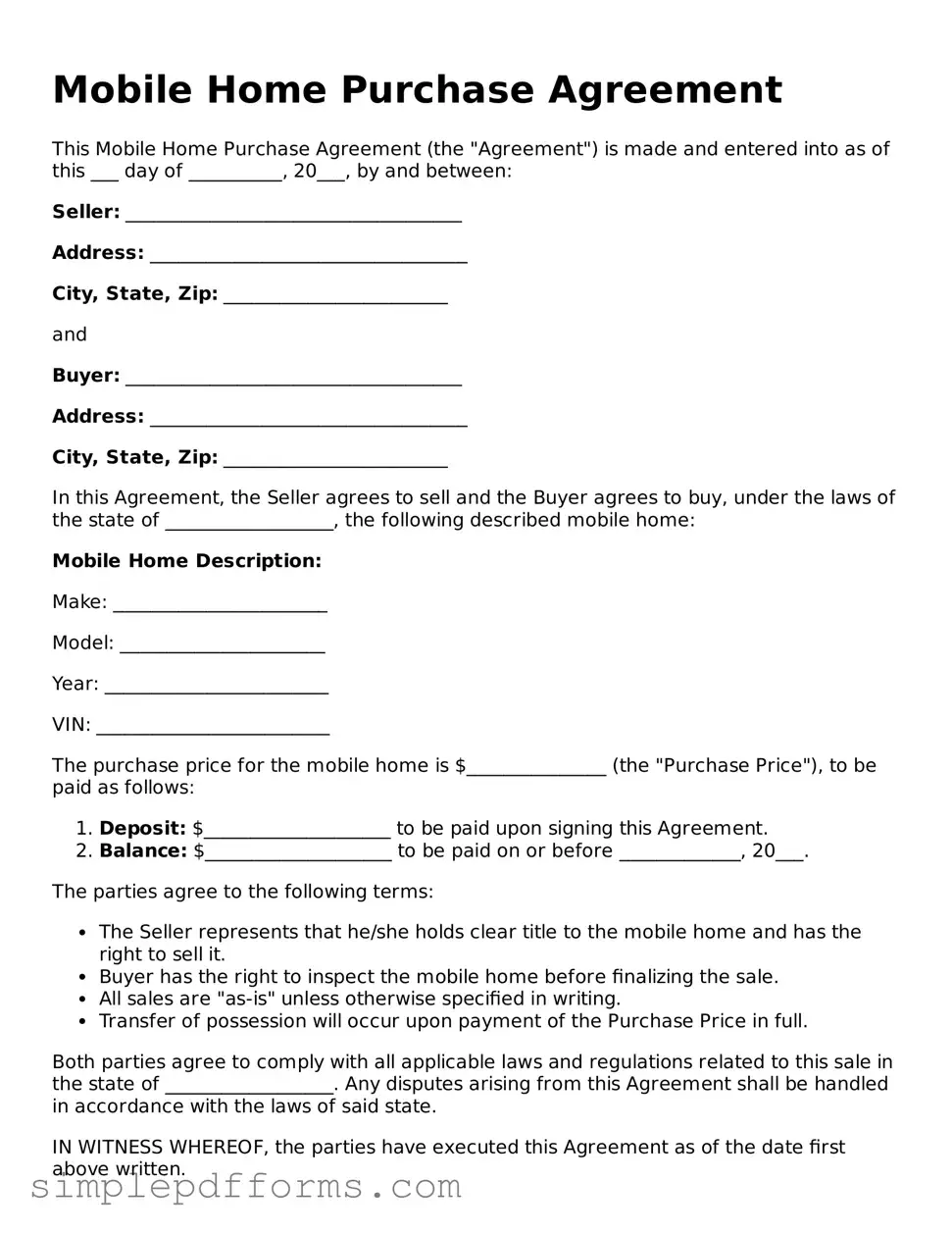 Free Mobile Home Purchase Agreement Form