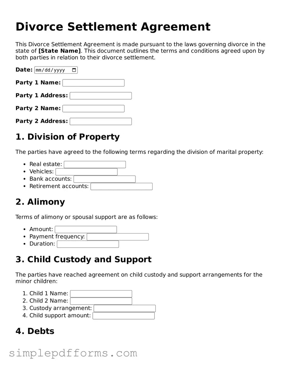 Free Divorce Settlement Agreement Form