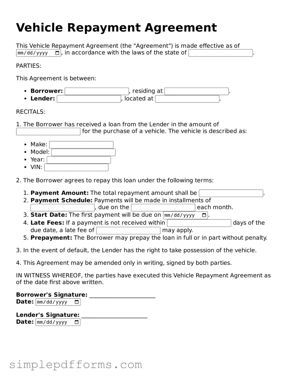 Free Vehicle Repayment Agreement Form