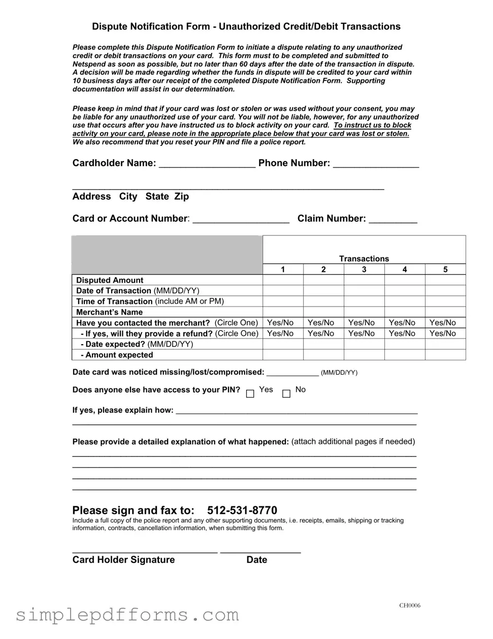 Fill a Valid Netspend Dispute Form