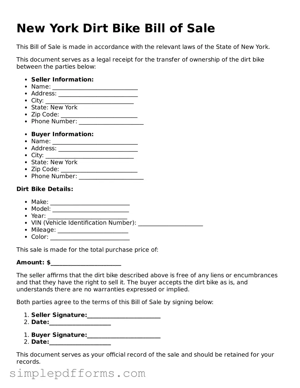 Attorney-Verified Dirt Bike Bill of Sale Document for New York State