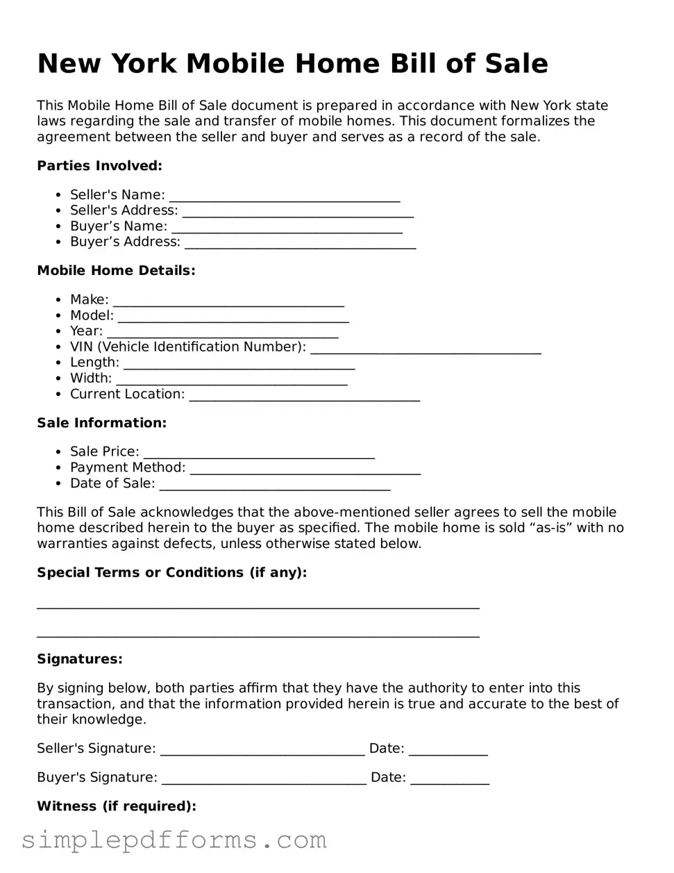 Attorney-Verified Mobile Home Bill of Sale Document for New York State